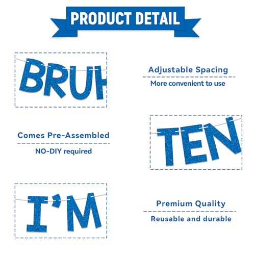 Image of Bruh I'm Ten Banner - Boy's 10th Bruh Birthday Party Decor, Teen Boy Bday Ideas, Funny 10th Birthday Party Decorations Blue Glitter