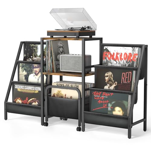 Tewinko Record Player Stand with Vinyl Storage Cart, Record Player Table with Record Storage 200 Albums, Turntable Stand with Record Holder Vinyl Display Shelf, Record Cabinet Media Stereo