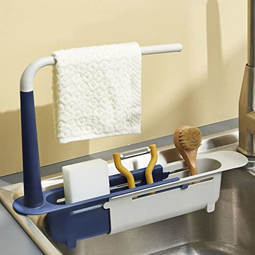 AYGCI Soporte para Fregadero Telescópico Soporte para Fregadero de Cocina, Estante de Cesta de Drenaje de Almacenamiento Expandible Soporte de Esponja Fregadero Organizador Colgar Porta Estropajos Cover