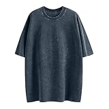 Wrenpies Oversized T Shirts for Women Vintage Acid Wash Basic Tees Loose Fit Baggy Shirts Workout Cotton Tshirt Tops Streetwear (Denim Blue,L,Large)