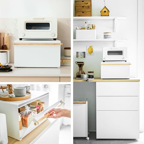 YAMAZAKI-Home-Modern-Bread-Box--Steel-Wood-Countertop-Bread-Storage-Container-Large-White-Bread-Box-for-Kitchen-Countertop-Space-Saving-Bread-Keeper-Easy-Access-Lid-Large-bread-box-for-kitchen-counter