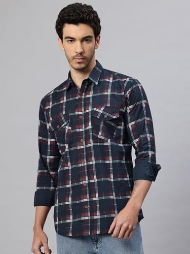 Image of Majestic Man Men's Pure Cotton Cargo Checks Shirt with Dual Flap Pockets - Slim Fit | Full Sleeve | Casual Wear | Trendy & Comfortable