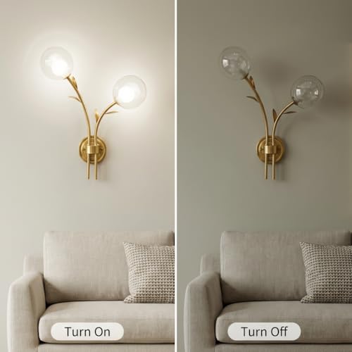 Image of 2-Light Gold Wall Lamp | 3-Color CCT (Warm + Natural + Cold White) | Dual Glass Globe Metal Wall Light for Living Room & Bedroom