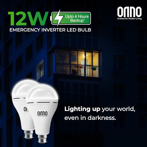 Image of ONNO 9W /12W Rechargeable Emergency Inverter LED Bulb | (Pack of 2, White) I Cool Day Light | Upto 4 Hours Battery | 3 Dimmable Modes | B22D | 1 Year - Warranty (12.0, Watts)