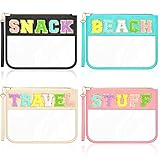 Remerry 4 Pack Chenille Letter Bag Clear Monogram Cosmetic Makeup Bag Travel Snack Beach Stuff Patch Pouch Preppy Gifts for Women Girls(Pink, Beige, Black, Fresh)