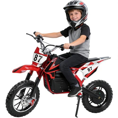 sxvbdway Dirt Bike, Kids Electric Motocross Bike, Off Road Mini Motorcycle, Electric Pocket Bike Motorbike with 36V 500W Motor, 10 Inches Wheels, 25KM/H High Speed Chain, for 6-13 Years Old Red Black