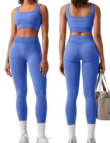 Image of OLCHEE Womens Workout Sets 2 Piece Seamless Square Neck Sports Bra Padded Butt Lifting Leggings High Waist Yoga Gym Outfits