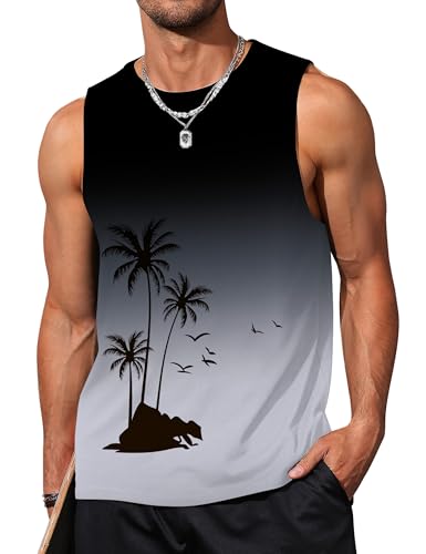 Mens Beach Tank Tops Summer Hawaii Vacation Graphic Muscle Palm Tree Sleeveless Shirts