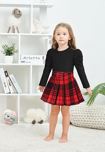 Image of Fuermos Toddler Girl Clothes Puff Sleeve Top and Pleated Girls Plaid Skirt Set 2PCS Girls Outfits Fall Winter