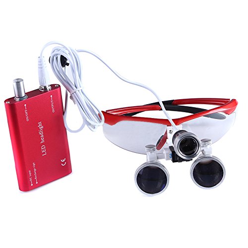 BoNew Tragbare zahnärztliche chirurgische Fernglaslupe 3,5X-R, optisches Glas, mit/ohne Kopf, LED-Lampe, Rot (mit LED-Licht)