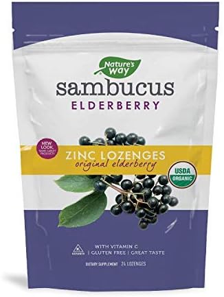 Nature’s Way Sambucus Organic Zinc Lozenges, Elderberry and Zinc Lozenges with Vitamin C, Certified Organic, Berry Flavored, 24 Lozenges