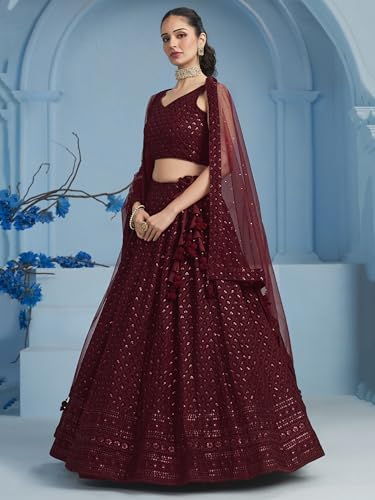Image of Zeel Clothing Women's Sequins Thread Embroidered Georgette Lehenga Choli With Dupatta (5124-Women-Lehenga-Choli-New; Free size)