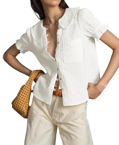 Womens Peter Pan Collar Shirt Short Puff Sleeve Button Down Blouse Tops 2025 Summer Casual Stripped Shirts