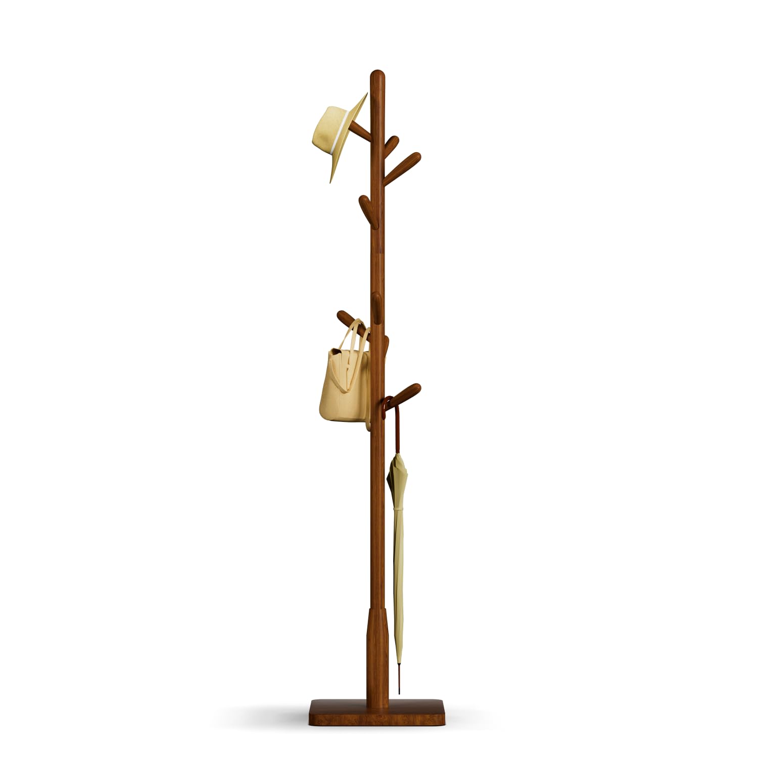 Awatiwa Solid Wood Square Base Coat Rack, Free Standing Hall Coat Tree with 8 Hooks（+2 spare for Coats, Hats, Bags, Purses, for Entryway, Hallway, Rubberwood Hooks,Base and Pole,(Square Base,Brown)