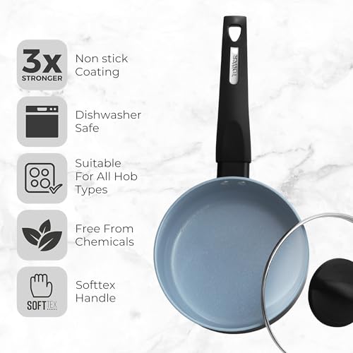 Image of Tower Cerasure 16cm(1.5L) Ceramic Non-Stick Sauce Pan /Milk Pan with Lid for Low Oil Cooking, Quick & Even Heating,Gas & Induction Compatible, Soft Touch Handles, 100% Toxin Free, 1.5-Year Warranty