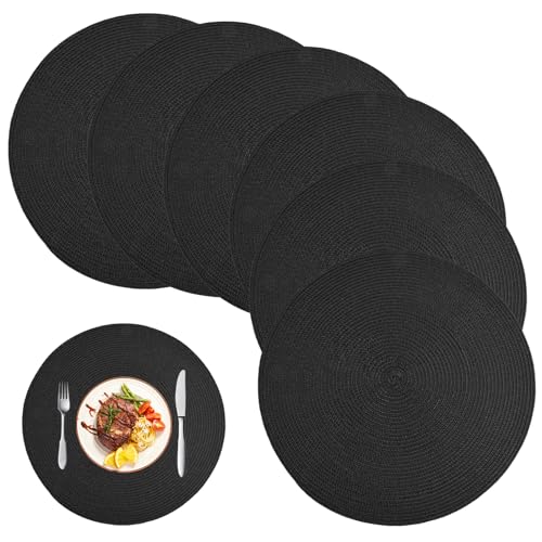 Cozlly Juego de 6 Manteles Individuales Redondos 38 cm, Lavables Mantel Individual, Manteles Individuales Antimanchas, Manteles Individuales de Mesa Grande para el Hogar, Hotel, Restaurant (Negro)