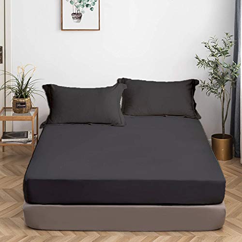 Image of All Around Brushed Microfiber Double Bed Fitted Sheet - (72 x 78) Inches - 12'' Deep Pocket Elastic Fitted Bedsheet + 1 Pillow Cover 400 Series Extra Soft & Easy Fit - Dark Grey