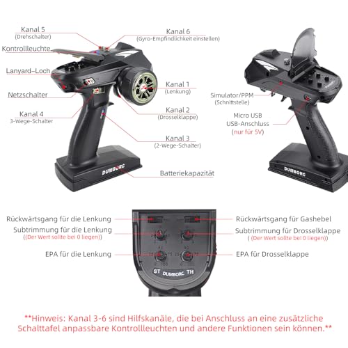 DUMBORC X6 2,4 GHz 6-Kanal RC Funksender und empfänger X6FG (eingebauter Gyro) mit Ausfallsicherung und Niederspannungsalarmfunktion für RC Fahrzeuge, Auto, Boot, Panzer, Modellteile, Fernbedienung