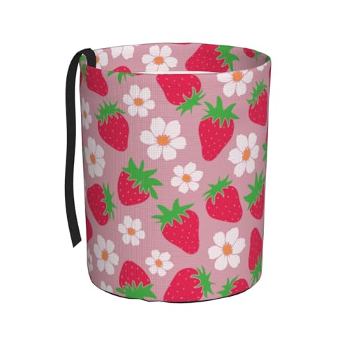 Image of Car Garbage Bag Pink Strawberry and Floral Mini Car Trash Bin Portable Collapsible Waterproof Rubbish Bag for Car Accessories Back Front Seat Cup Holder