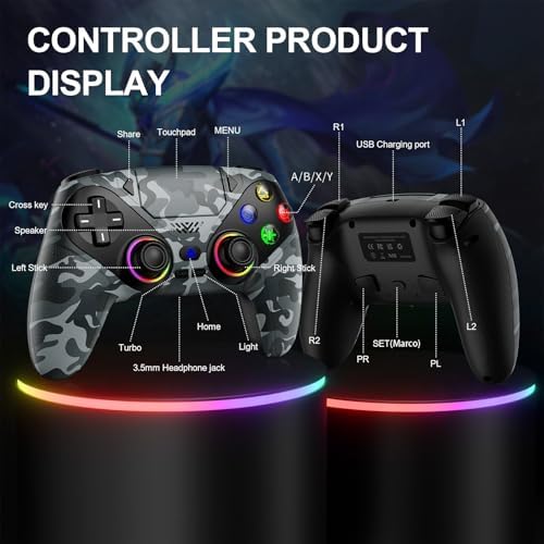 Xexvyrin LED Wireless Controller for PS5, Compatible with PS5 Pro/Slim/PC, Dual Vibration, Macro/Turbo Function, 3.5mm Audio Jack,1000mAh Battery, 6-Axis Motion Control Gamepad with Speaker — view 6