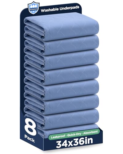 Image of Washable Bed Pads 34 inch x 36 inch - 8 Pack, Blue, Waterproof Bed Pads for Incontinence, Bed Wetting Pads for Bed, Sofa, Floor, Resuable Underpads for Adults, Seniors, Pet
