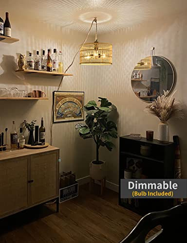Ayshwilldec Plug In Pendant Light Rattan Pendant Light Wicker Light Fixtures With 15Ft Plug In Hemp Rope Cord Drum Chandelier Boho Woven Rattan Lampshade Hanging Lamp (Dimmerable Bulb Incl.) #TOP1