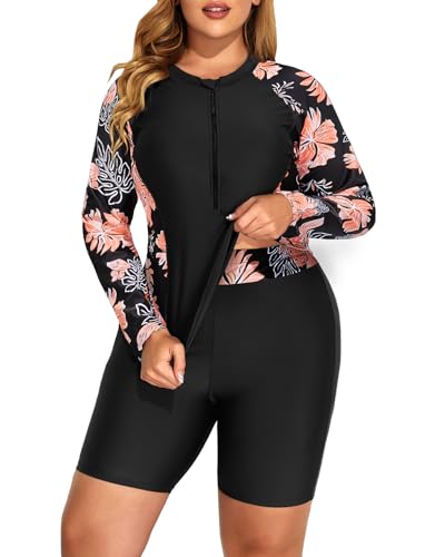 Image of Daci Women 2 Piece Plus Size Long Sleeve Rash Guard Zip Front Athletic Bottom Tankini Swimsuits UPF 50 | Two piece,Tummy Control,High Waist,UPF 50+,Half Zipper Swim Shirt,Athletic,Sporty,Built-in Bra,Built-in Briefs