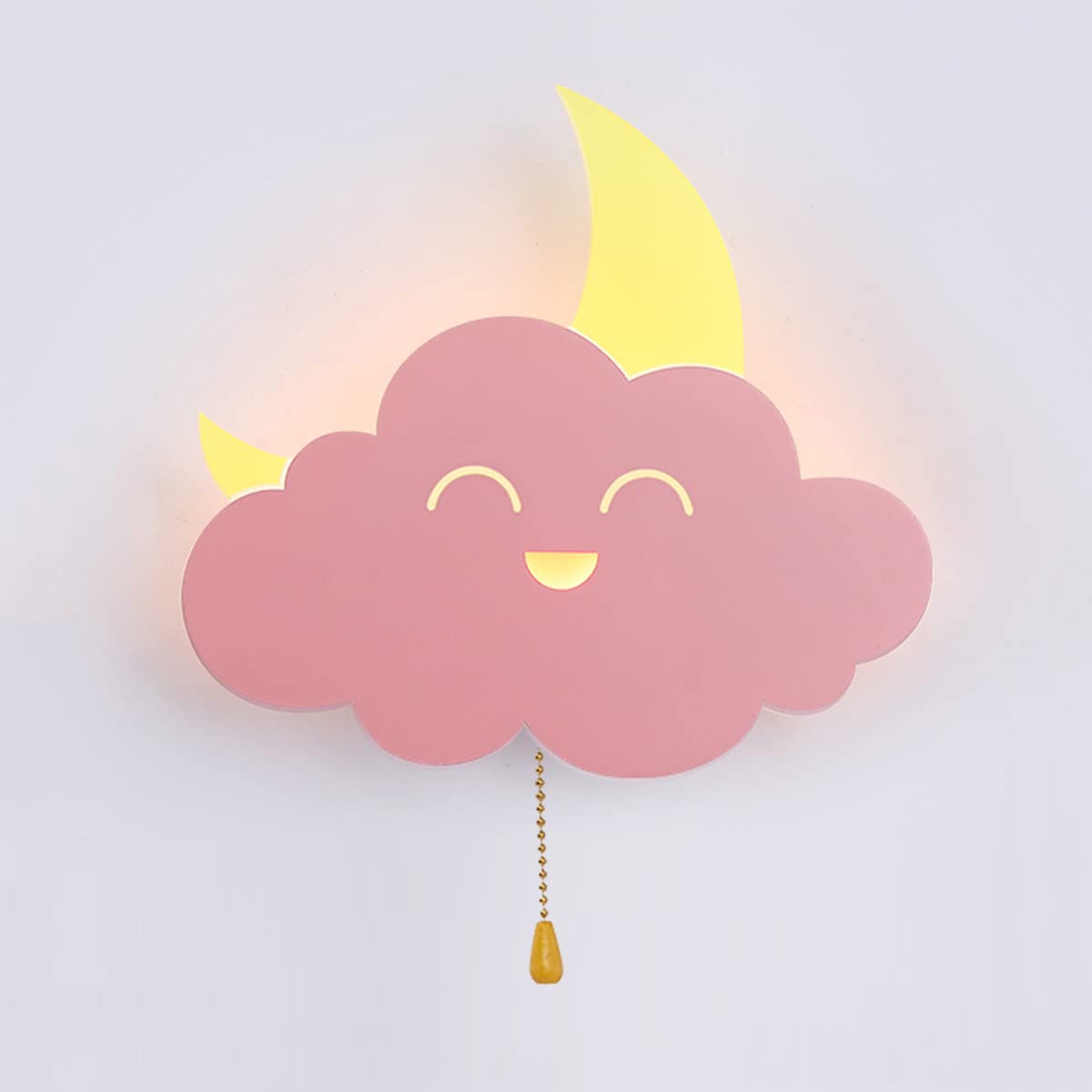 QJUZO Moon Cloud Wall Lamp Kids Bedroom, Night Light 8W LED Wall Lights with Pull Cord Switch, Warm White Acrylic Wall Lighting Modern Kid Bedside Lamp for Children's Room, Boys, Girls,Pink