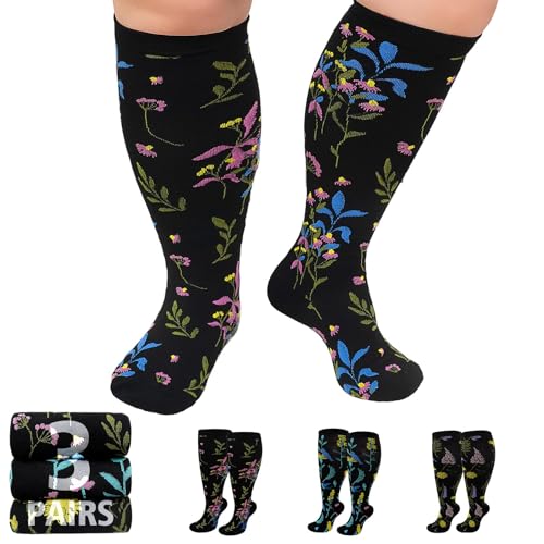 Image of Plus Size Compression Socks 20-30mmHg Wide Calf for Men Women, Extra Large Compression Stockings Support for Running, Travel, Nurses, Pregnancy (3 Pairs)