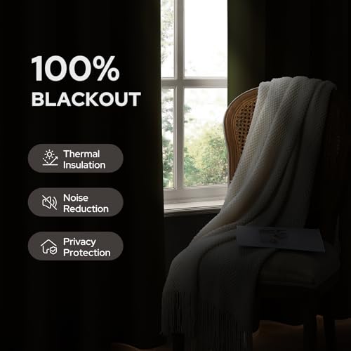 Image of HOMEIDEAS 100% Blackout Olive Green Linen Curtains 52W x 96L 2 Panels