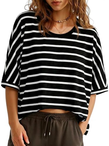 Tankaneo Womens Oversized Striped T-Shirts Cropped Summer Casual Short Sleeve Loose Fit Tee Tops