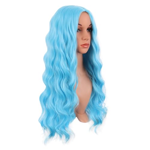 Image of MapofBeauty 28 Inch /70 cm Long Wavy Middle Part with No Bangs Synthetic Fiber Curly Fashion Women Party Cosplay Wig (Sky Blue)