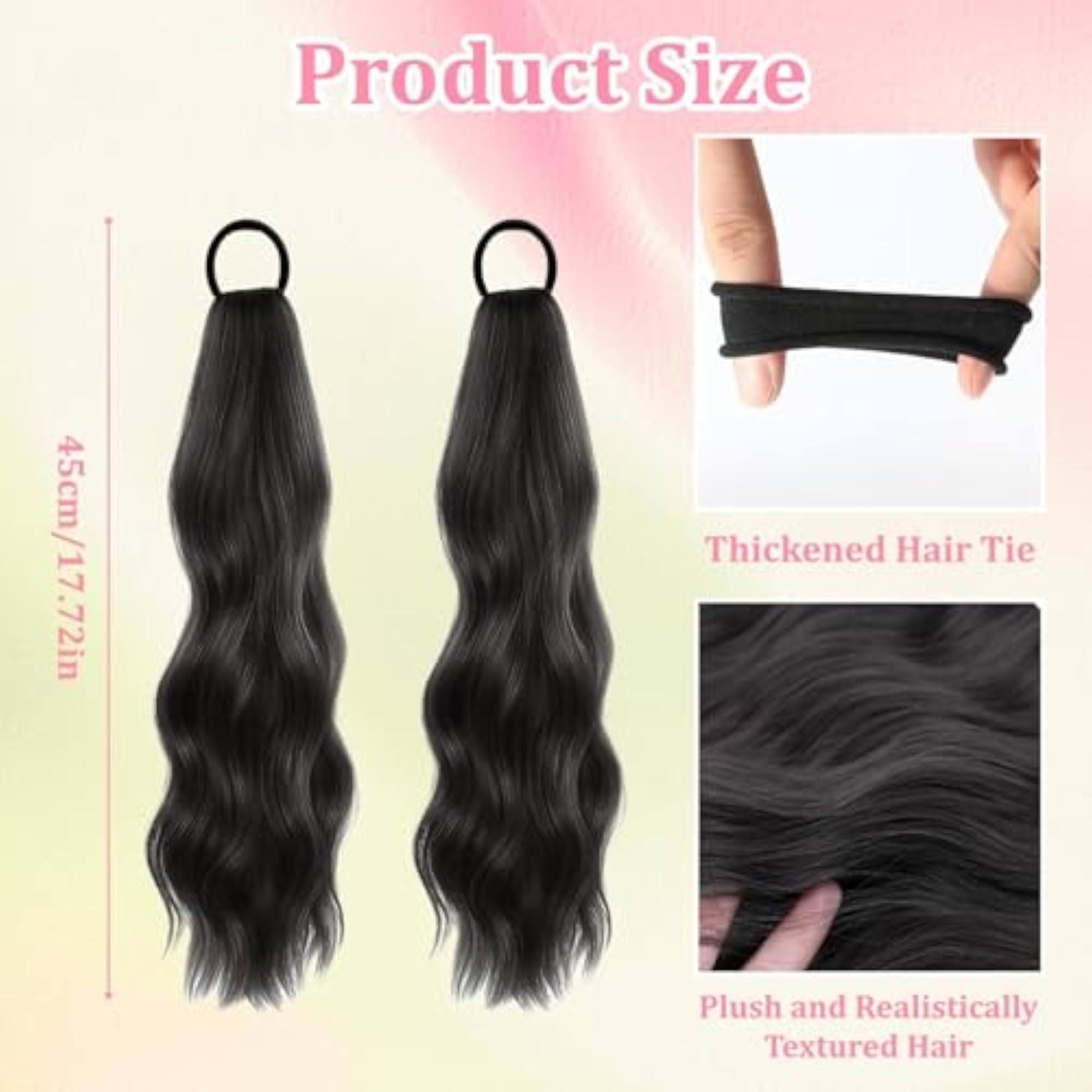 Ponytail Hair Extension, 2 Pcs Natural Black Wavy Extensions