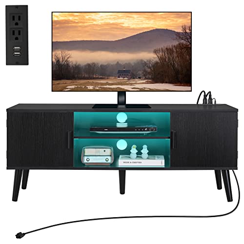 Quimoo TV Stand for 55 inch TV, LED TV Stand with LED Lights & Power Outlet, TV Console with 2 Cabinets & Open Shelf, Entertainment Center, Media Console Cabinet for Living Room, Bedroom, Black