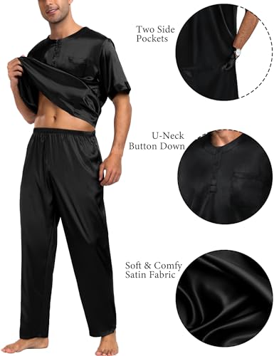 SWOMOG Men Satin Pajama Set Short Sleeve Pj Set 2 Pcs Loungewear Silk Sleepwear Half Button Down Long Pants with Pockets4