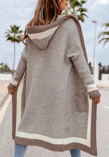 chouyatou Women's Color Block Vertical Striped Open Front Oversized Hooded Long Cardigan Sweaters with Pockets2