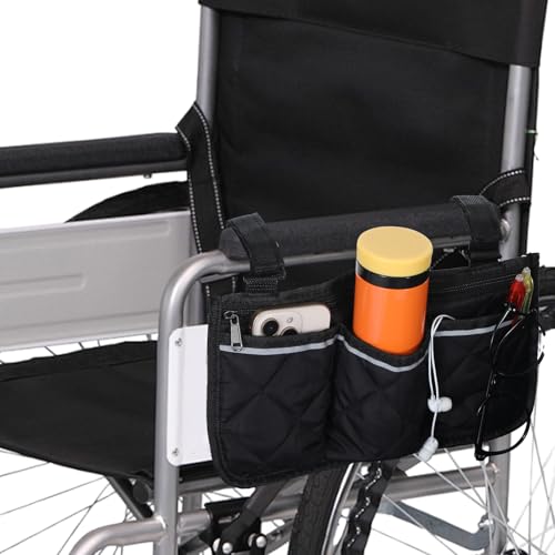 Oruola 1 bolsa lateral para silla de ruedas, bolsa negra para silla de ruedas, accesorios para sillas de ruedas, accesorios para sillas de ruedas para adultos para la mayoría de tamaños y estilos de