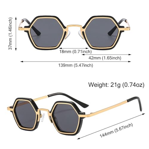 Trendy Vintage Y2K for Women & Men Unisex Metal Frame Sun Glasses Driving Eyewear Small Polygonal Sunglasses Punk Shades(Black-Grey)3