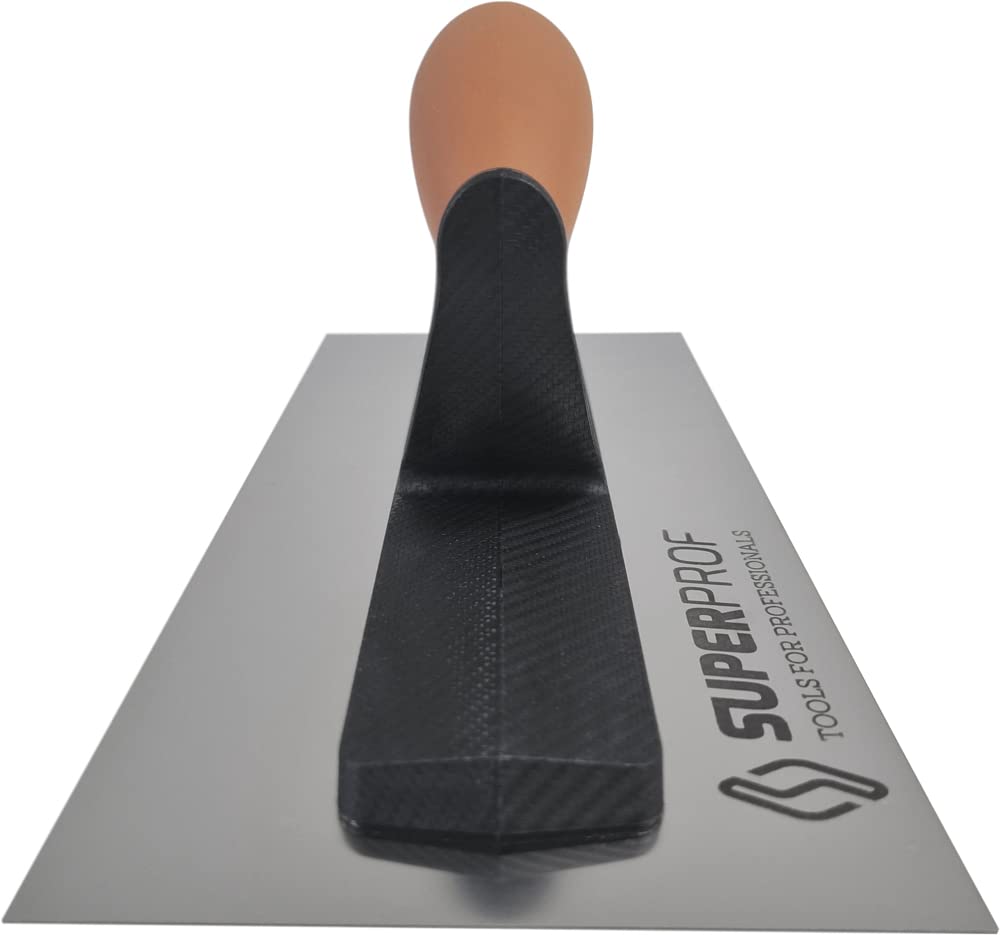 Super Prof by Maurerfreund, Comfort-Glättekelle, Extraleichte Carbon-Stütze mit Softgriff, Robustes Edelstahl-Blatt 0,7mm (355mm)