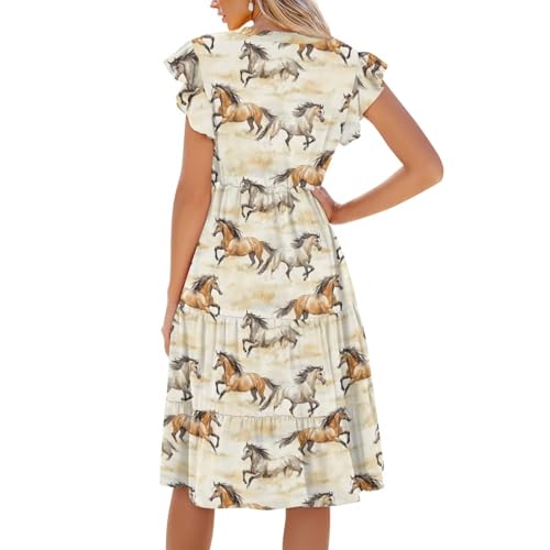 Image of Women's Casual Ruffle Sleeve Dress V Neck Pullover Dress Flowy A-Line Pleated Lightweight Dress with Pockets