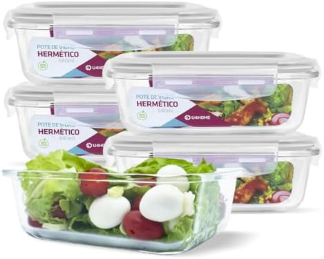 KIT 5 Potes de Vidro Retangular com Tampa Hermética 640ml Cor:Bra...