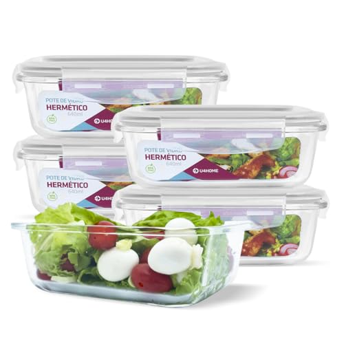 KIT 5 Potes de Vidro Retangular com Tampa Hermética 640ml Cor:Branco (QH)