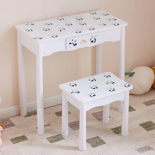 Image of Princess Vanity Table with Lights,Princess Makeup Vanity Desk with Storage Drawer, 2 in 1 Vanity Table & Chair Set with Mirror for Girls (Panda)