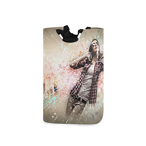 Wäschesack Bild Junge hübsche Frau Kopfhörer tanzen Großer Faltbarer Wäschekorb,zusammenklappbarer Wäschekorb,zusammenklappbarer