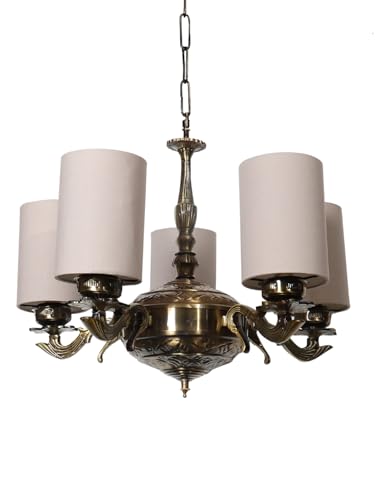 Image of Devansh 05 Lights Grey Round Cotton Shade with Antique Golden Chandelier