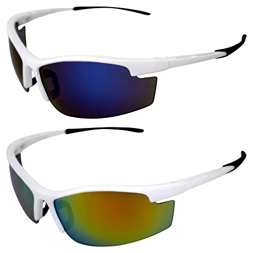 AlterImage Venture Wraparound Sports & Motorcycle Retro Sunglasses for Men or Women 2 Pair Semi-Rimless White Frames w/Rubber Tips & Nose Pads G-Tech Blue & Red Lenses