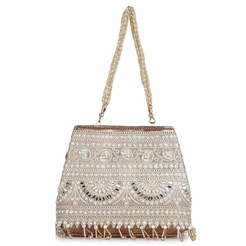 Image of Nevis Stylish Embroidery Unique Design Traditional Wedding Party Handheld Potli Bag For Women (ROSE GOLD)