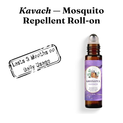 Image of Kavach by Greenatva - Mosquito Repellent Roll On, Keeps Mosquitoes Away, Heals Cuts & Soothes Bites, Skin Safe for Kids 2+ years, Adults, DEET Free, Lemongrass, Eucalyptus, Citronella Essential Oil Blend, 10ml per bottle, Lasts more than 60 applications, Plant Based, Organic, Vegan