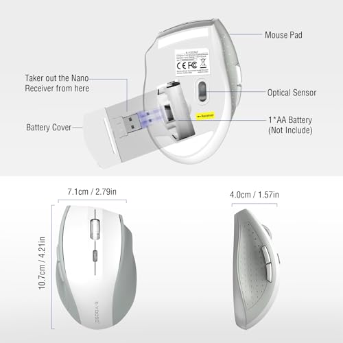 Image of E-YOOSO Wireless Mouse for Laptop, Portable Optical Computer Mouse, 6 Buttons, Cordless 2.4GHz with USB Receiver, 5-Level 4800 DPI, 18 Months Battery Life, for PC, Chromebook, Windows, Mac(White Gray)