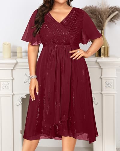 Image of Talisea Plus Size Cocktail Dress - Formal Wedding Guest Fall Long Sleeve A Line Pleated V Neck Midi Dresses for Curvy Women